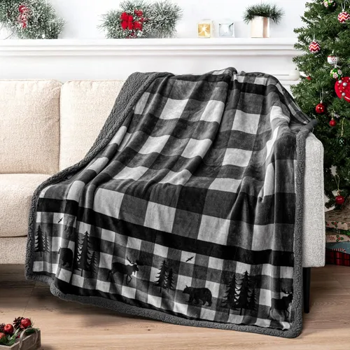PAVILIA Winter Cabin - Manta de sherpa de forro polar suave, acogedora manta reversible de Navidad gris de 50 x 60 pulgadas, cálida manta de felpa