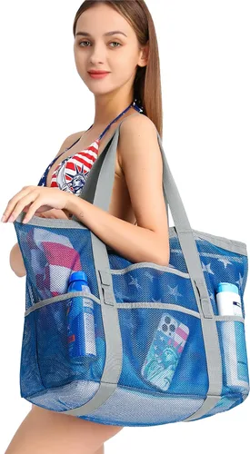 Miniatura 8 de F-color Bolsa de playa, bolsa de playa de malla de gran tamaño, 9 bolsillos, bolsa de toalla de playa