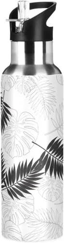 BPA-Free Sport Water Bottle Insulated 20 Oz, Stainless Steel Vacuum Insulated Water Bottle for Gym Outdoor Travel School, Tropical Palm Leaves Black