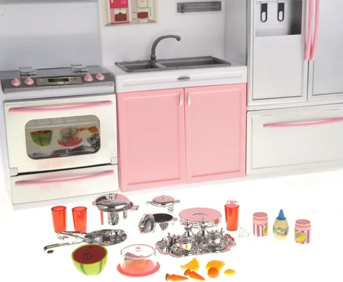 Miniatura 5 de PowerTRC Juego de juguetes de cocina para muñecas, mini juguete moderno rosa, muebles de cocina, juego de accesorios con luz y sonido realistas