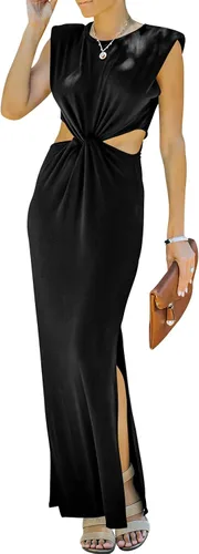 ANRABESS Women Summer Sleeveless Padded Shoulder Sexy Cutout Waist Bodycon Formal Party Maxi Dress with Slit for Cruise Beach