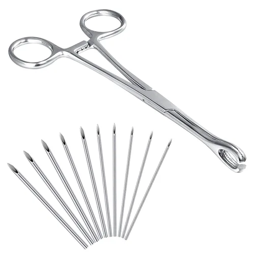 Miniatura 4 de DJCIW Pinzas de metal para piercing con 20 agujas de piercing de acero inoxidable quirúrgico para piercing de ombligo, pezón, trago, lengua, oreja