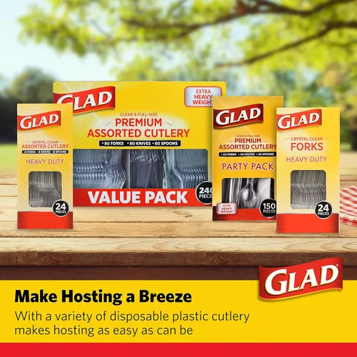 Miniatura 5 de Glad Cubiertos de plástico surtidos de alta calidad, tenedores, cuchillos y cucharas transparentes extra resistentes, juego de 150 piezas