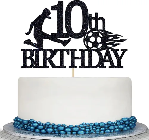 Decoración para pastel de cumpleaños número 10 con purpurina negra, decoración para pastel de pelota de fútbol para 10 años de edad, saludos a 10