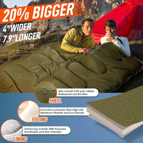 Miniatura 3 de MEREZA Saco de dormir doble para adultos y hombres con almohada, tamaño XL, Queen, saco de dormir para dos personas para todas las estaciones
