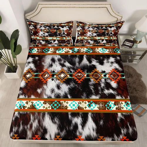 Miniatura 40 de Juego de ropa de cama de estilo bohemio occidental, tamaño individual, diseño de vaca atrapasueños, sábana bajera ajustable del suroeste, tribu