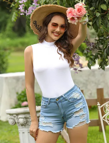 Miniatura 4 de HWOKEFEIYU Camiseta sin mangas de verano para mujer con cuello alto falso