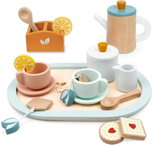 PairPear Juego de té de madera para niñas pequeñas, juguetes de madera, juego de té para niños pequeños, accesorios de cocina para niños, fiesta de