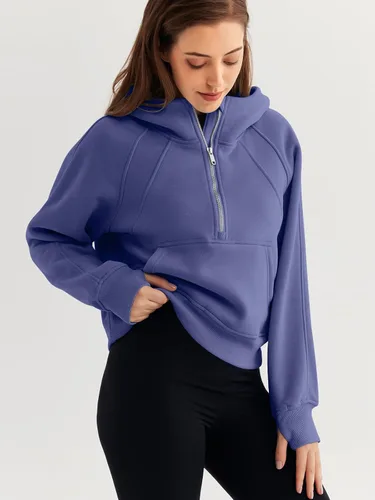 Miniatura 3 de WYNNQUE Sudadera corta con capucha para mujer, manga larga, forro polar, media cremallera, ropa de otoño