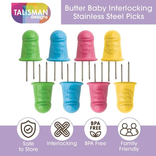 Miniatura 3 de Talisman Designs Butter Baby Púas de acero inoxidable entrelazadas Multicolor Maíz en la mazorca, utensilios Soportes para maíz Brochetas