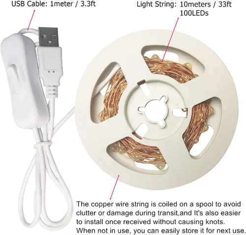 Miniatura 3 de RUICHEN Alambre de cobre de 33 pies, 100 luces LED USB con interruptor de encendido/apagado, verde
