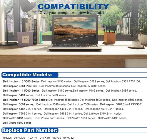 Miniatura 7 de Batería YRDD6 para Dell Inspiron 5591 7586 5491 5481 5482 5485 3310 2-en-1 15 3582 3583 3593 3584 5590 5593 5594 5585 5598 14 3493 5493 5480 3793
