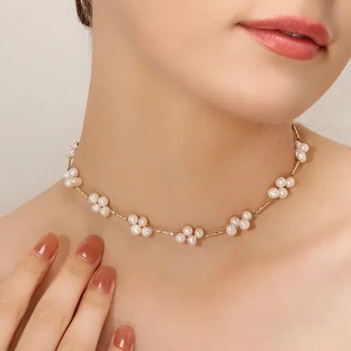 Miniatura 4 de Gargantilla de perlas, chapado en oro de 14 quilates, delicado collar de gargantilla con cuentas para mujeres y niñas, collar de perlas naturales