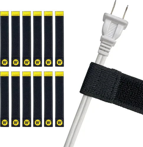 Wrap-It Storage - Correas para selfies, 6 pulgadas (paquete de 12), color negro, organizador de cable elástico de gancho y bucle para cargador de