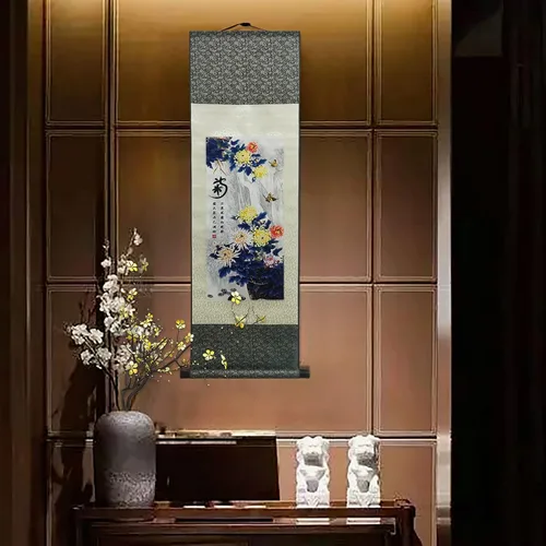 Miniatura 4 de AtfArt Decoración asiática de pared, hermosa pintura de pergamino de seda, 4 flores de hombre justo, orquídea ciruela, bambú, crisantemo, decoración