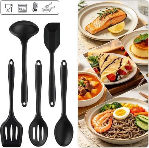 Miniatura 6 de Juego de utensilios de cocina de silicona, 5 herramientas de cocina antiadherentes resistentes al calor, espátula de silicona, espátula de silicona