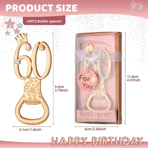 Miniatura 2 de 24 cajas de abrebotellas de cumpleaños número 60 con temática de oro rosa, favorecidas para regalos de fiesta de boda dorada número 60, recuerdos