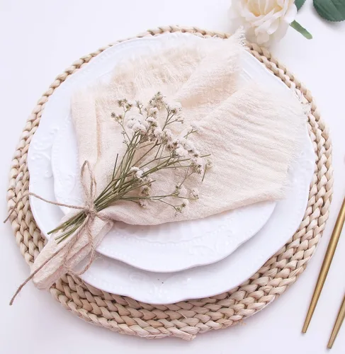 Servilletas de tela con juego de 6 servilletas de gasa con flecos, 100% algodón natural suave, servilletas lavables, ideales para bodas,