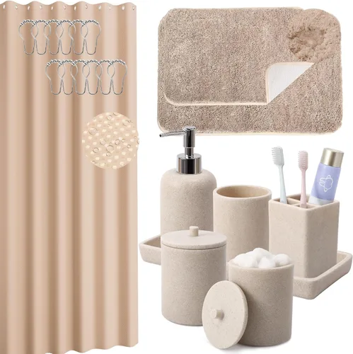 Miniatura 17 de Juego de baño de resina de 6 piezas color beige completo con soporte para cepillos de dientes, dispensador de jabón de loción, 2 dispensadores