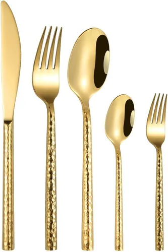 Juego de cubiertos martillados de oro de 20 piezas para 4,304 cuchillos de acero inoxidable grueso, juego de tenedor y cuchara, apto para