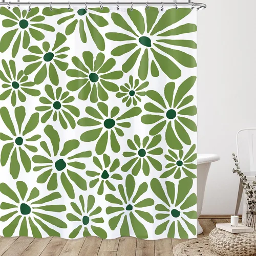 Cortina de ducha de flores de margaritas verdes de los años 70, cortina de ducha floral abstracta para decoración de baño, 60 x 72 pulgadas con