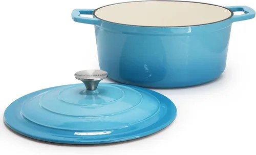 Miniatura 4 de MegaChef Cazuela redonda de hierro fundido esmaltado con tapa, 5 cuartos de galón, azul