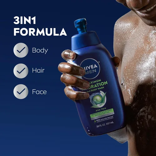 Miniatura 3 de Nivea Men Gel de baño de máxima hidratación para piel seca, enriquecido con aloe vera, gel de baño hidratante 3 en 1, cara y cabello, sin parabenos