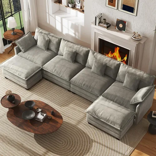 Miniatura 25 de WorthFurni Sofá Seccional Modular de 111.4", Sofá de Nube en Forma de U con 2 Otomanas Móviles, Cómodo Sofá de Chenille de Asiento Profundo