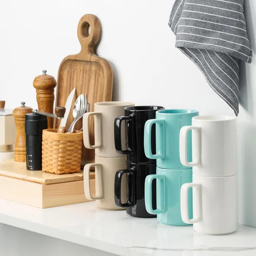 Miniatura 3 de E-liu Juego de 6 tazas de café de porcelana, tazas grandes de 16 onzas para café, té, cacao y bebidas calientes, color negro