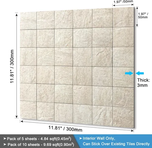 Miniatura 6 de BeNice Adhesivos de pared gruesos de mosaico de piedra autoadhesiva para cocina, azulejos en muro de baño, 12 x 12 pulgadas (beige, 10 hojas)