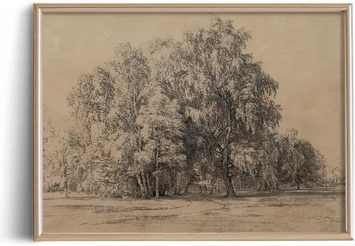 Póster con estampado de árboles del bosque, color beige, dibujo de paisaje, grabado rústico, gris, arte de pared apagado, boceto gris neutro,