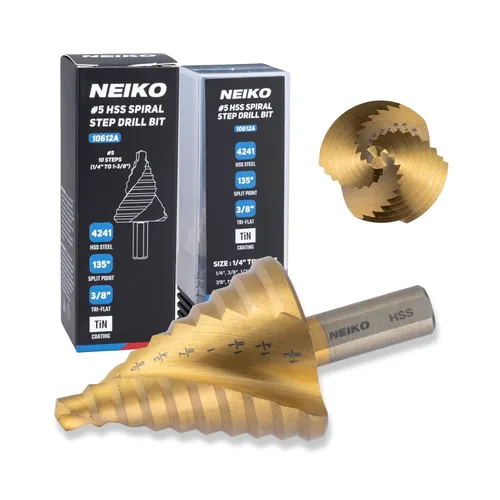 Miniatura 38 de NEIKO 10602A Step Drill Bit, 13 Steps 1/8" to 1/2" Spiral High Speed Steel, Titanium Nitride Coated, 1/4" Quick Change Step Bits for Steel, Metal