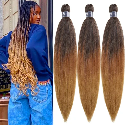 Miniatura 69 de pelo trenzado preestirado marrón, pelo trenzado Kanekalo, pelo trenzado preestirado de 26 pulgadas, 6 paquetes plegados, textura Yaki, extensiones