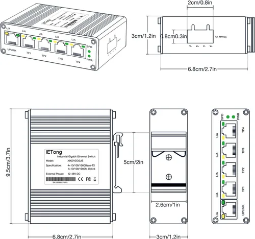 Miniatura 8 de Mini interruptor Gigabit de 5 puertos industrial, interruptor Ethernet de riel DIN RJ45 10/100/1000Mbps,12 ~ 48 V CC para torre de cámara lP, antena