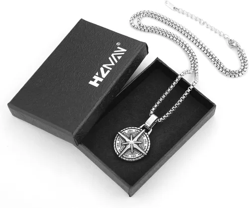 Miniatura 6 de HZMAN Collar de brújula náutica vikinga para hombres y niños, acero inoxidable, vintage, marinero, vegvisir, brújula, amuleto, joyería de regalo