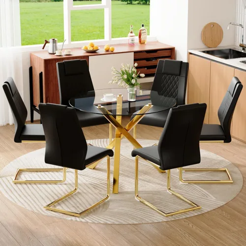 Juego de mesa de comedor redonda para 6, juego de mesa de comedor de vidrio de 39 pulgadas con base de metal ajustable dorada en forma de X y 6