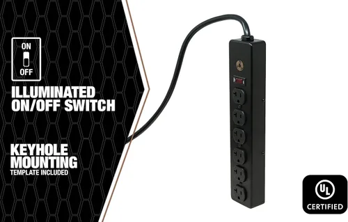 Miniatura 6 de Southwire Regleta de alimentación montable, 20 amperios, enchufe y receptáculo NEMA 5-20, 6 tomacorrientes, todo de metal para uso en garaje y Negro