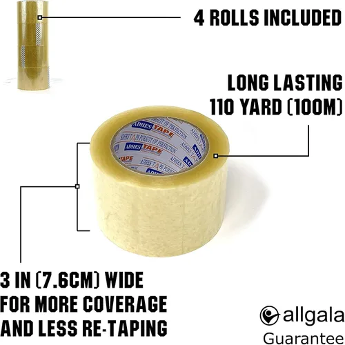 Miniatura 2 de Allgala Paquete de valor de cinta de embalaje de sellado de cartón resistente, transparente (4 rollos) 3 "x110-TP10003