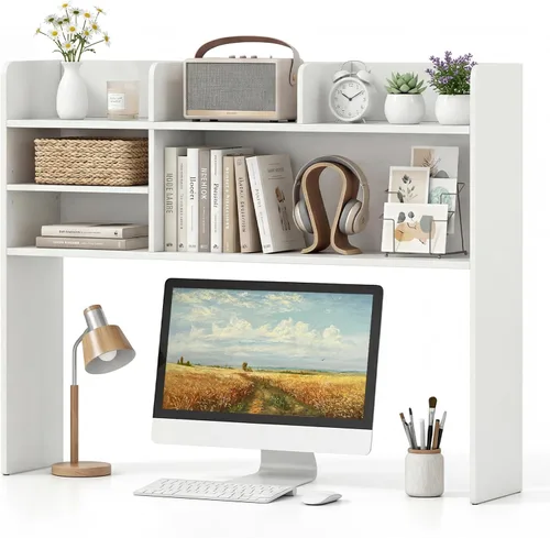 Miniatura 11 de LDAILY Desktop Bookshelf, 2-Tier Office Desk Shelf Organizer Desk Hutch with 4 Shelves, 37’’L Wood Storage Rack Display Shelf for Computer Desk