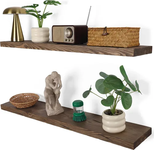 Miniatura 25 de BGMG Estantes flotantes de madera de 12 pulgadas, estantes flotantes negros, estantes de pared de madera maciza para baño, sala de estar