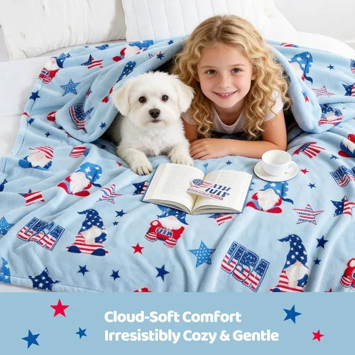 Miniatura 4 de Cozy Bliss Manta patriótica de gnomo, manta cálida para el 4 de julio, manta de felpa lechosa, ultra suave y acogedora para sofá, sofá y cama, azul