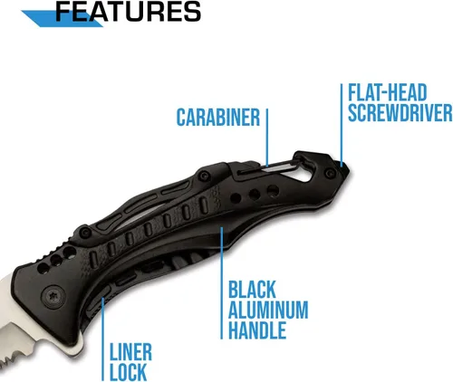 Miniatura 4 de MTech USA Cuchillo plegable - Hoja de acero inoxidable con acabado satinado parcialmente dentado, mango de aluminio negro, mosquetón, abrebotellas