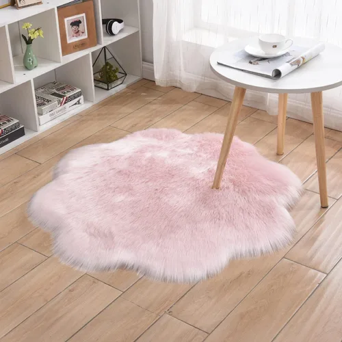 Miniatura 2 de Alfombra redonda de piel de oveja sintética, suave y lanuda. Alfombra mullida para el hogar, decoración de dormitorio, rosado bebé (Flower Baby Pink)