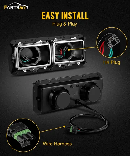 Miniatura 4 de Base de carcasa de faro PARTSam con enchufes H4, arneses de cableado, bisel de acero inoxidable de repuesto para Kenworth T600 T800 W900, Peterbilt