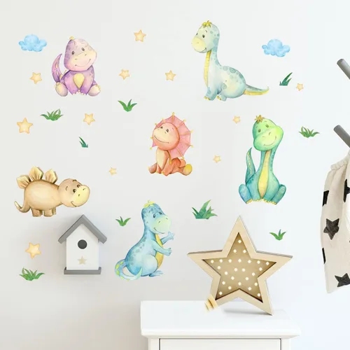 fanquare Calcomanías de pared de dinosaurios de dibujos animados de colores, calcomanías de pared de animales de acuarela, removibles, decoración de