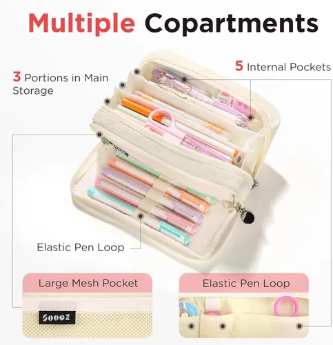 Miniatura 4 de Sooez Estuche grande para lápices, bolsa para lápices extra grande con 8 compartimentos, bolsa para bolígrafos de apertura amplia, organizador