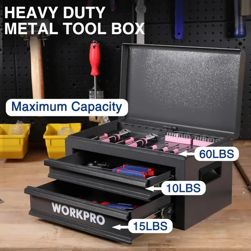 Miniatura 3 de WORKPRO Caja de herramientas de metal de 15 pulgadas con 2 cajones y 1 almacenamiento superior, caja de herramientas portátil resistente con asa