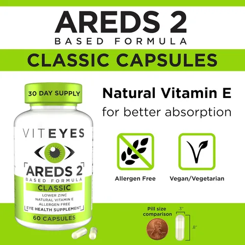 Miniatura 3 de Viteyes AREDS 2 Vitaminas oculares, soporte macular clásico, cápsulas libres de alérgenos, con vitamina E natural, vitamina C, zinc, cobre, luteína