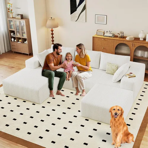 Miniatura 11 de Sofá modular de 95 pulgadas con otomana, moderno sofá nube de pana con asiento profundo, sofá sin hueso tapizado de 3 plazas en forma de U para sala