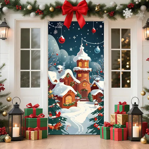 Miniatura 10 de Cubierta de Puerta de Navidad Papá Noel Muñeco de Nieve Árbol de Navidad Corona Pancarta Decoración de Vacaciones de Invierno para Puerta Principal